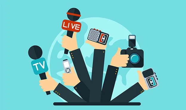 Illustration of journalists and microphones used for the news section.
